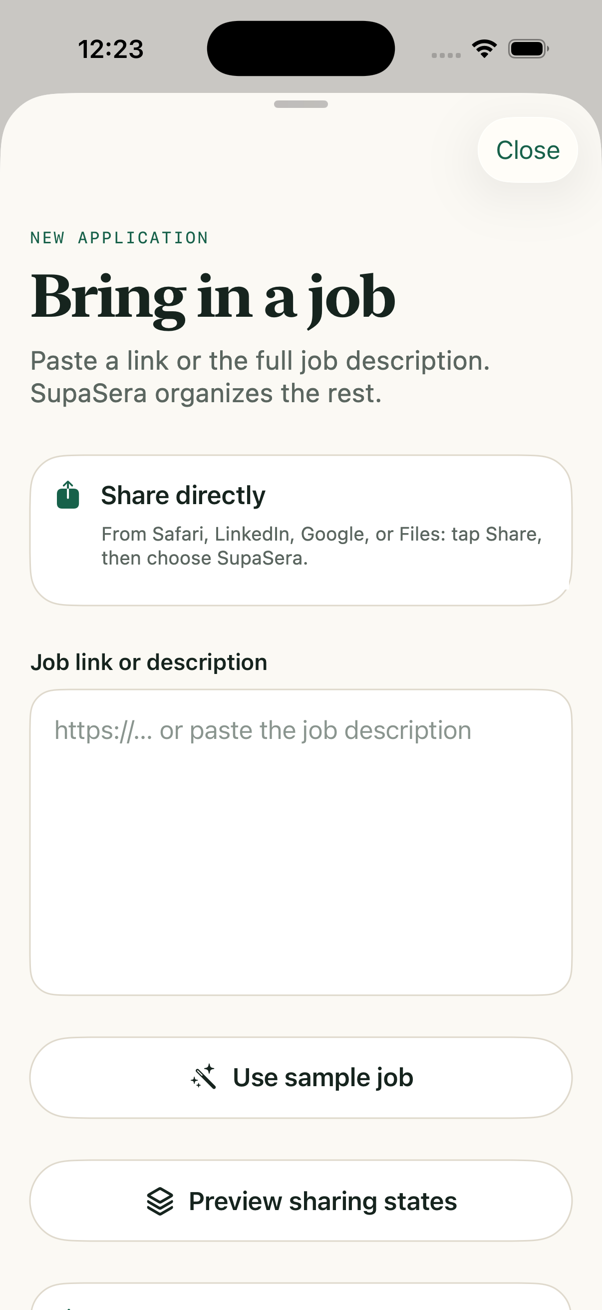 Bringing a job posting in through the share sheet