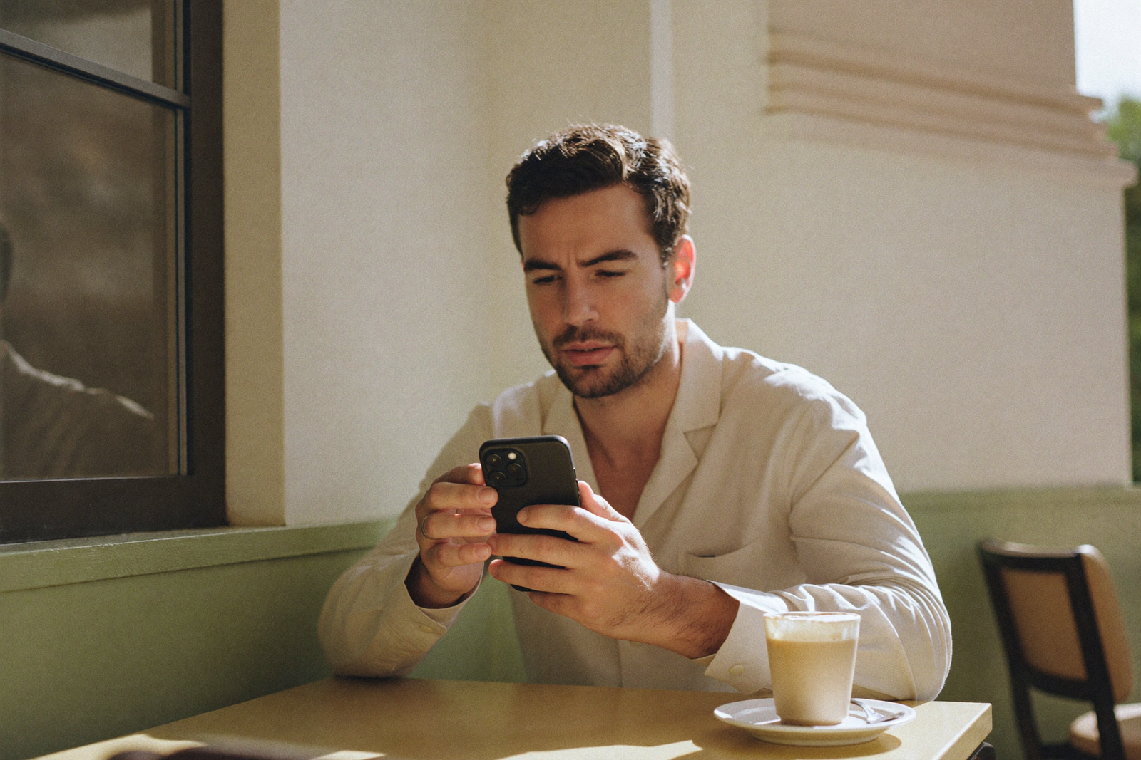 Checking a follow-up reminder over morning coffee