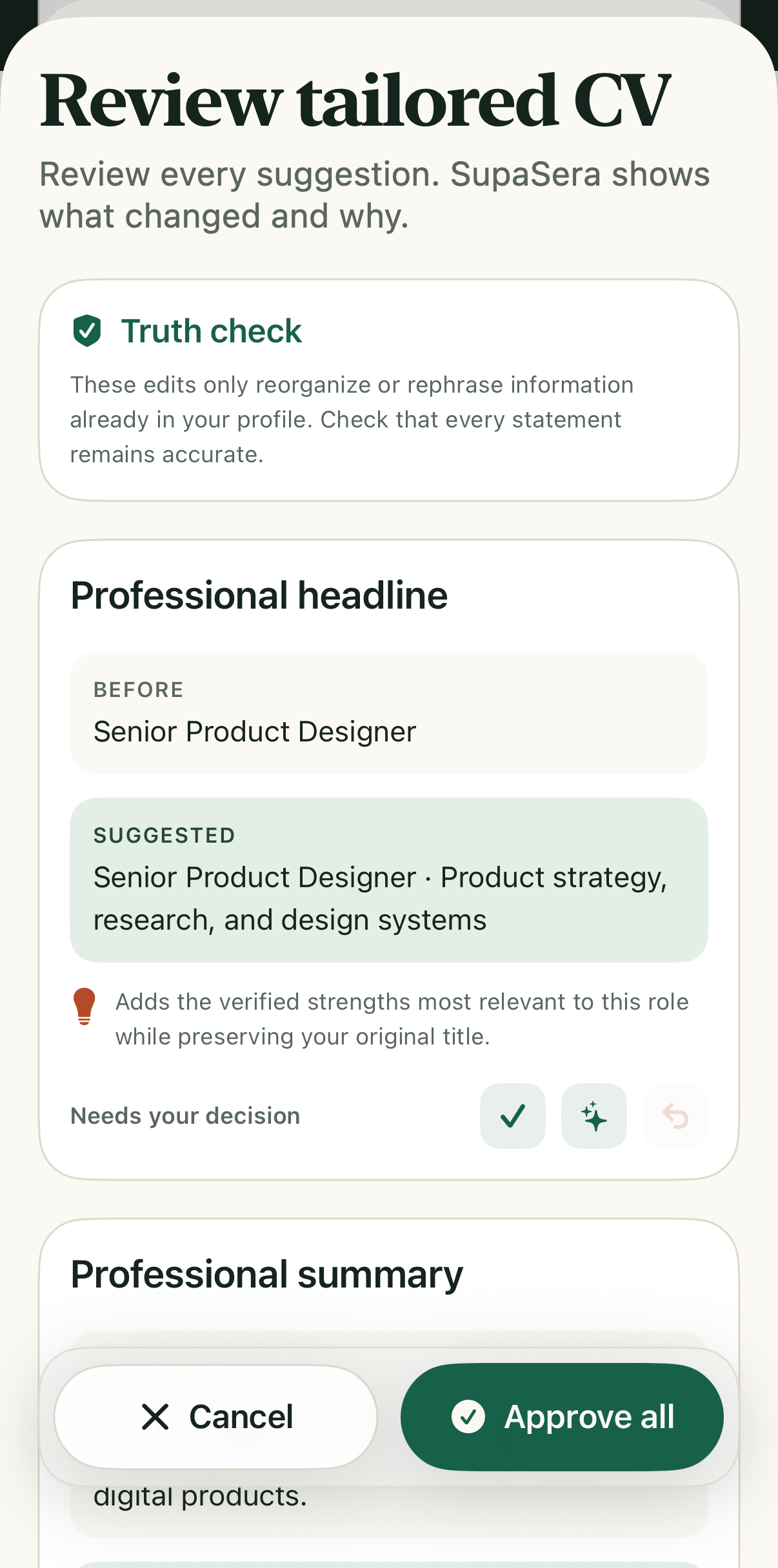 Reviewing a tailored CV line by line